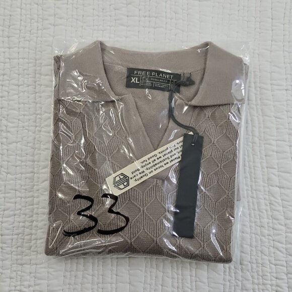 Free Planet Knit Shirt Men's XL Taupe Geometric Pattern Short Sleeve NWT - Picture 15 of 15